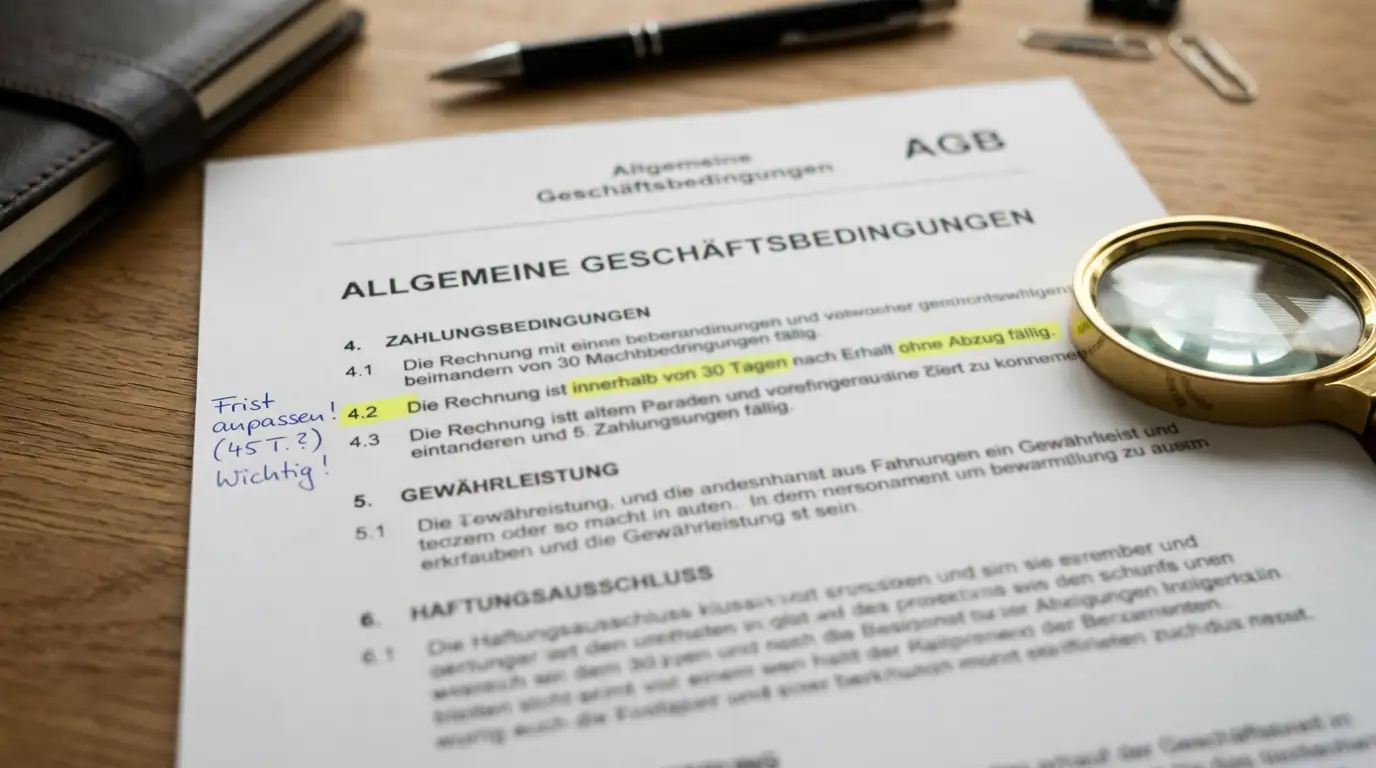 Kleingedrucktes in AGB-Dokumenten mit Markierungen und Notizen